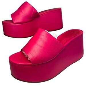 Schutz Hot Pink Leather Platform Wedge Sandals Sz 7.5 Barbie Y2K Chunky Festival